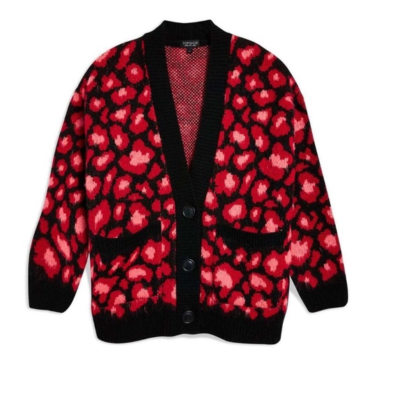 Topshop Sweaters - Topshop | Red Black Leopard Print Cardigan NWT 6